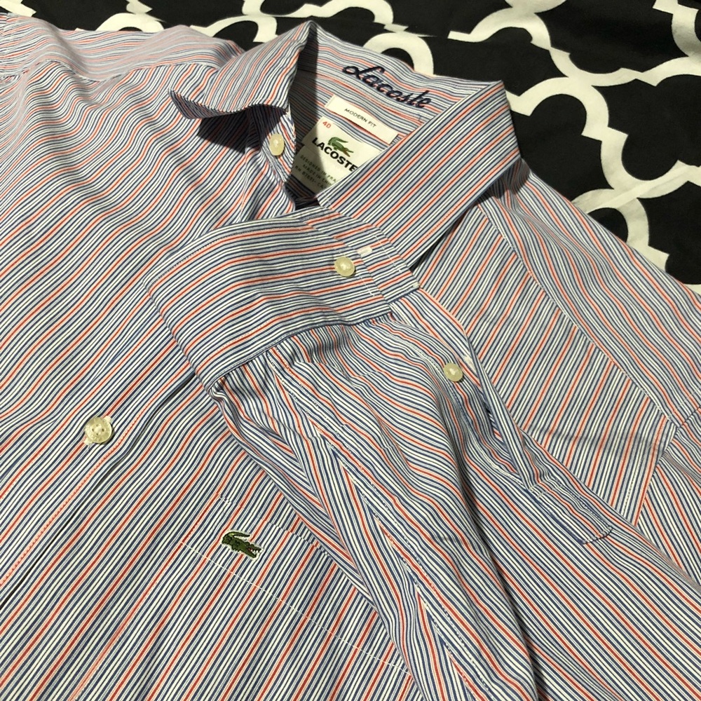 Lacoste Striped Pocket Casual Large Long Sleeve Button Up Shirt Sz 40 Blue Red